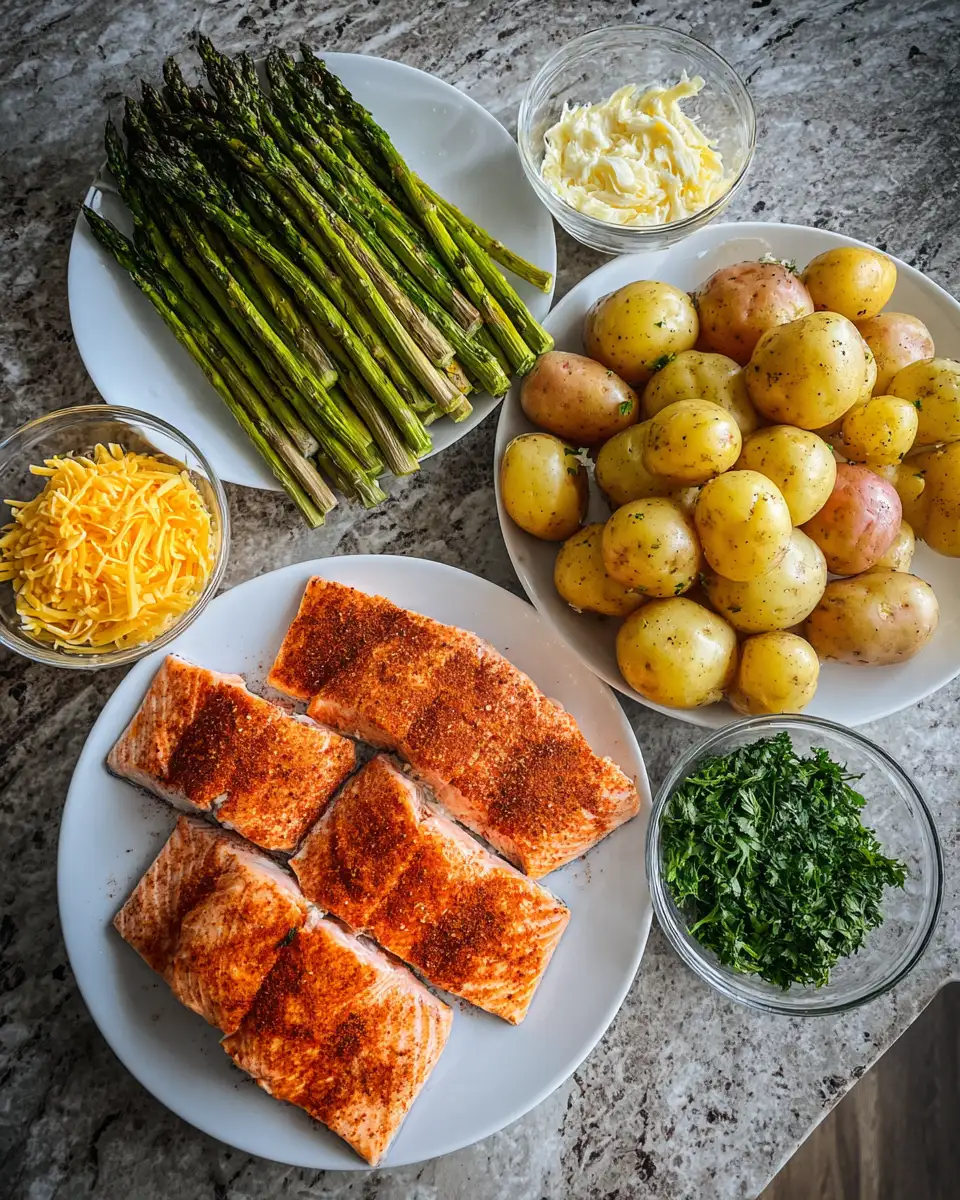 Savor the Flavor: Spiced Salmon with Cheesy Asparagus and Garlic Herb Potatoes 4 Ingredients for Savor the Flavor: Spiced Salmon with Cheesy Asparagus and Garlic Herb Potatoes