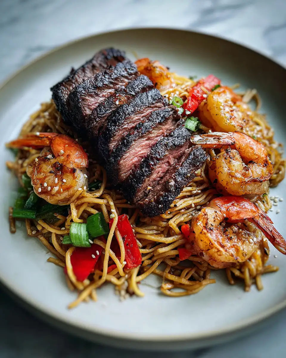 Final dish - Sizzling Steak and Shrimp Stir-Fried Noodles Delight