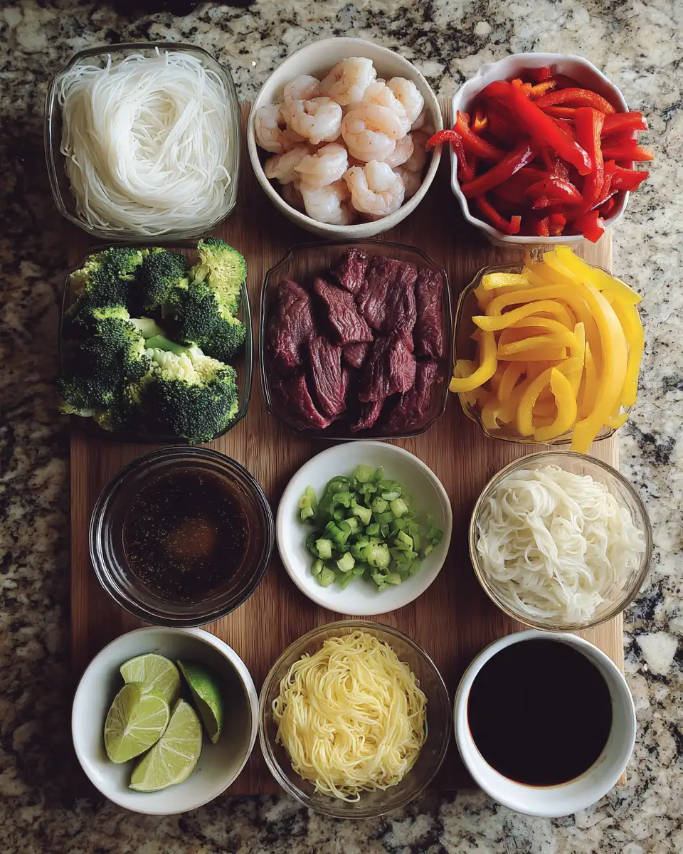 Ingredients for Sizzling Steak and Shrimp Stir-Fried Noodles Delight