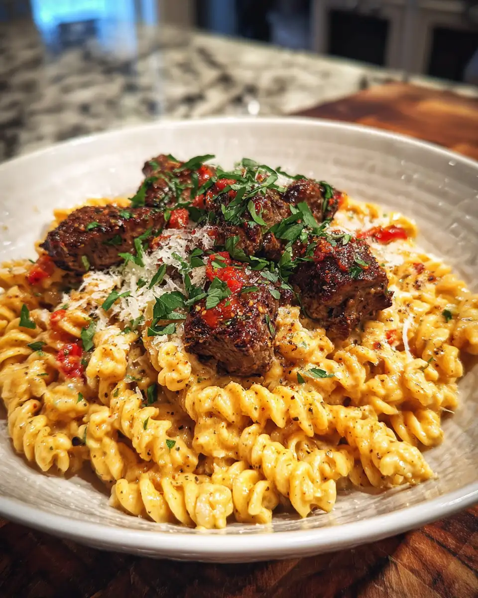 Final dish - Sizzling Steak Bites Meet Cajun-Spiced Alfredo Rotini in a Parmesan Dream
