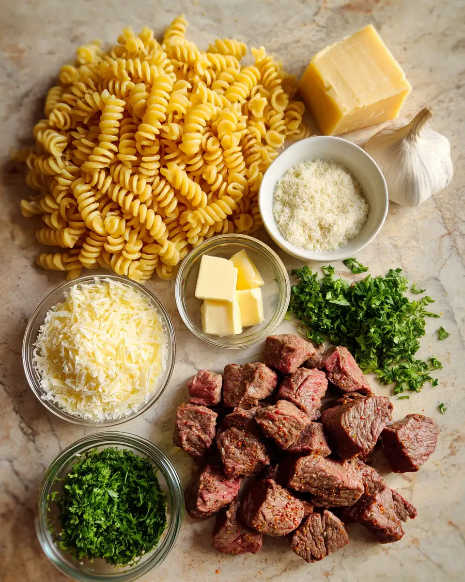 Ingredients for Sizzling Steak Bites Meet Cajun-Spiced Alfredo Rotini in a Parmesan Dream