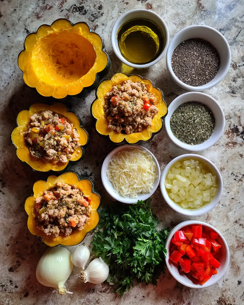 Cozy Fall Flavors: Turkey Stuffed Acorn Squash Delight 4 Ingredients for Cozy Fall Flavors: Turkey Stuffed Acorn Squash Delight