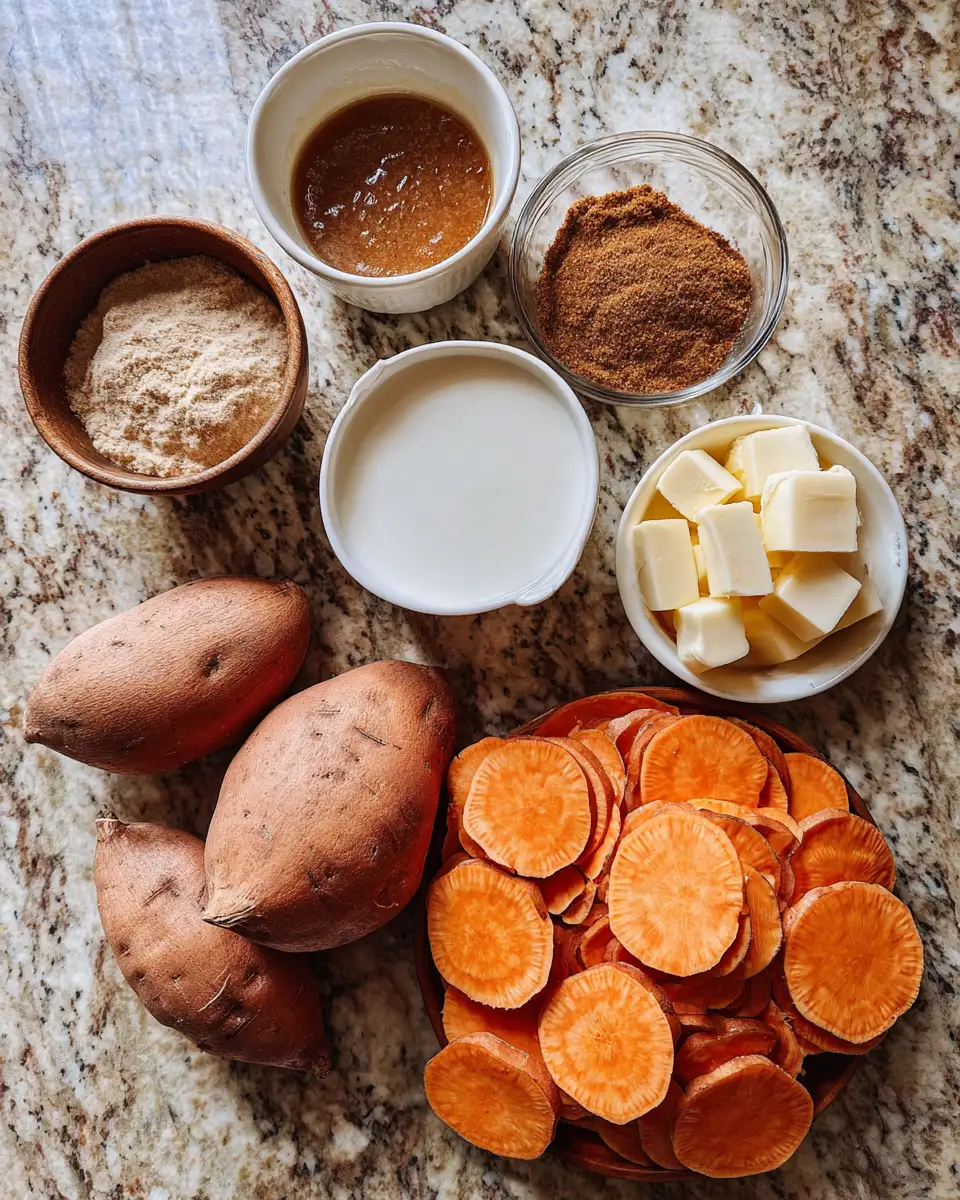 Ingredients for Irresistibly Sweet: Brown Sugar Glazed Scalloped Sweet Potatoes Delight