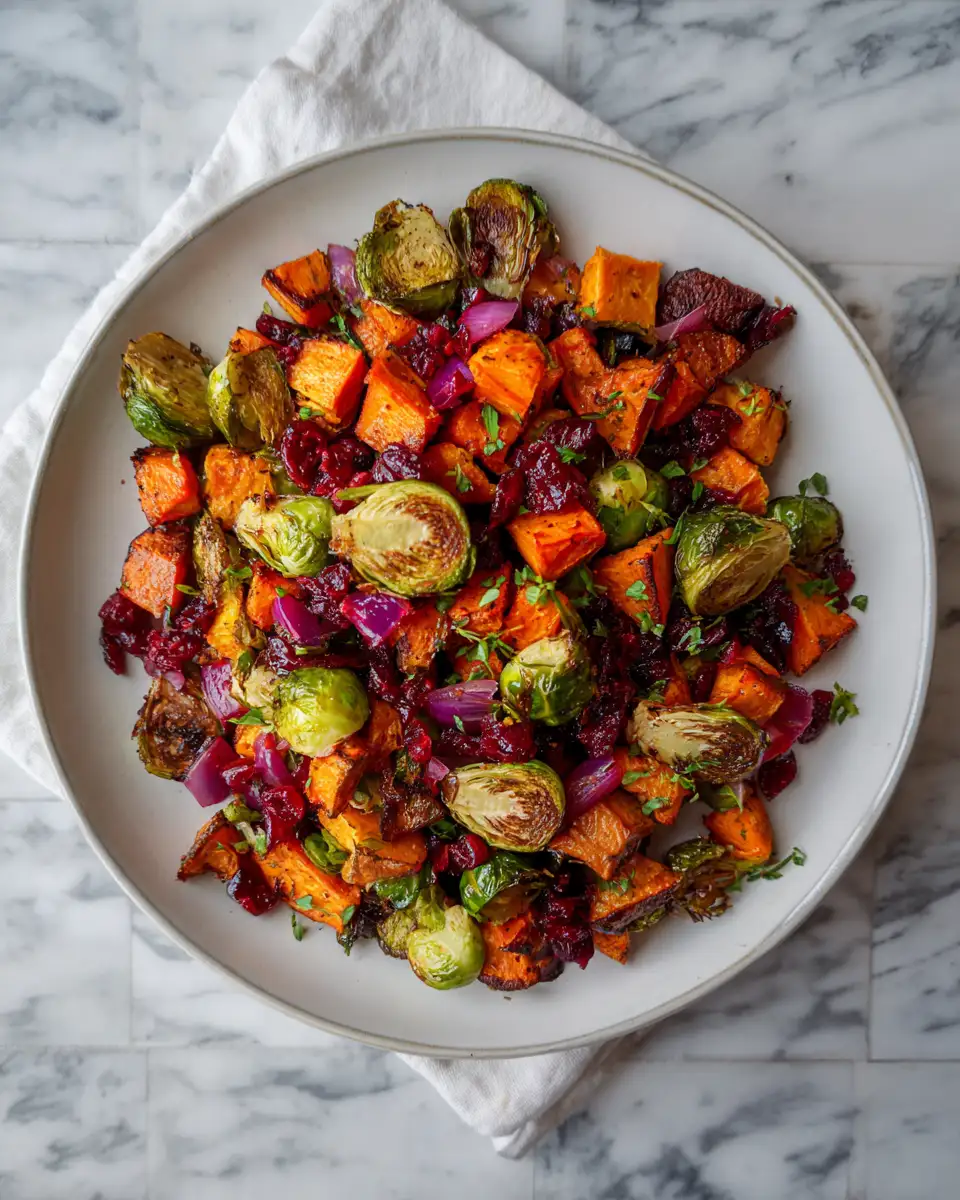 Cranberry Roasted Sweet Potatoes & Brussels Sprouts: A Festive Flavor Explosion 6 Final dish - Cranberry Roasted Sweet Potatoes & Brussels Sprouts: A Festive Flavor Explosion