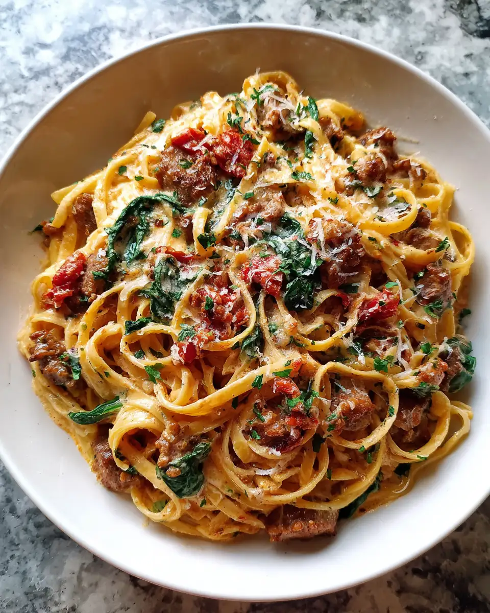 Indulge in Irresistible Creamy Tuscan Sausage Pasta Bliss 6 Final dish - Indulge in Irresistible Creamy Tuscan Sausage Pasta Bliss