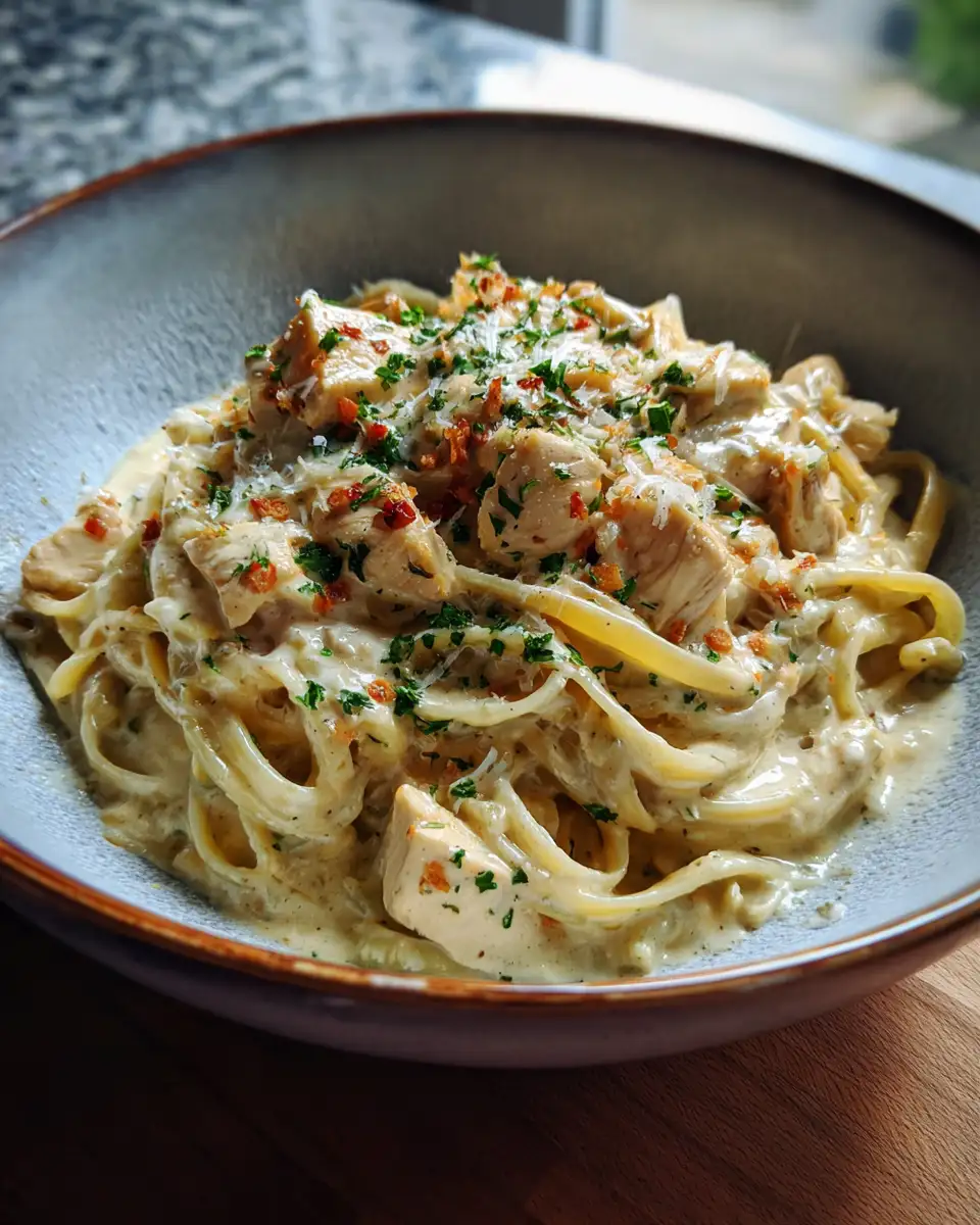 Final dish - Creamy Crockpot Chicken Alfredo Pasta: Your New Weeknight Obsession
