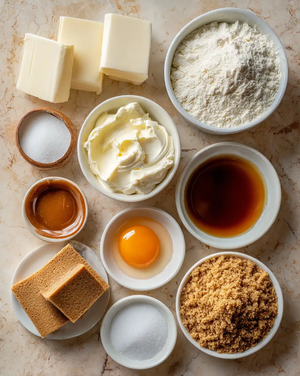 Ingredients for Indulge in Irresistible Gooey Caramel Cheesecake Bars Bliss
