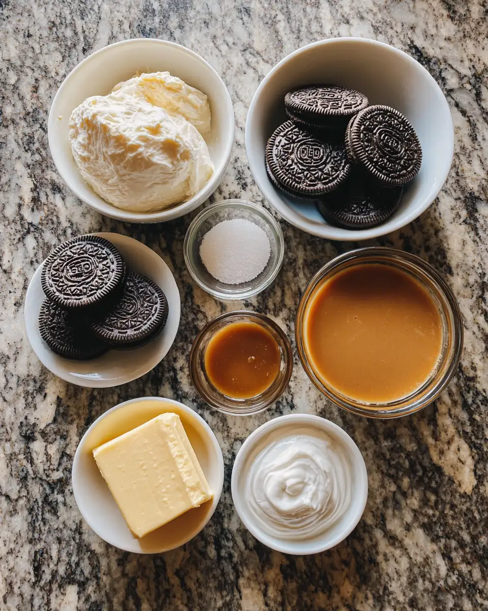 Ingredients for Irresistible No-Bake Oreo Caramel Cheesecake Bites: A Sweet Indulgence