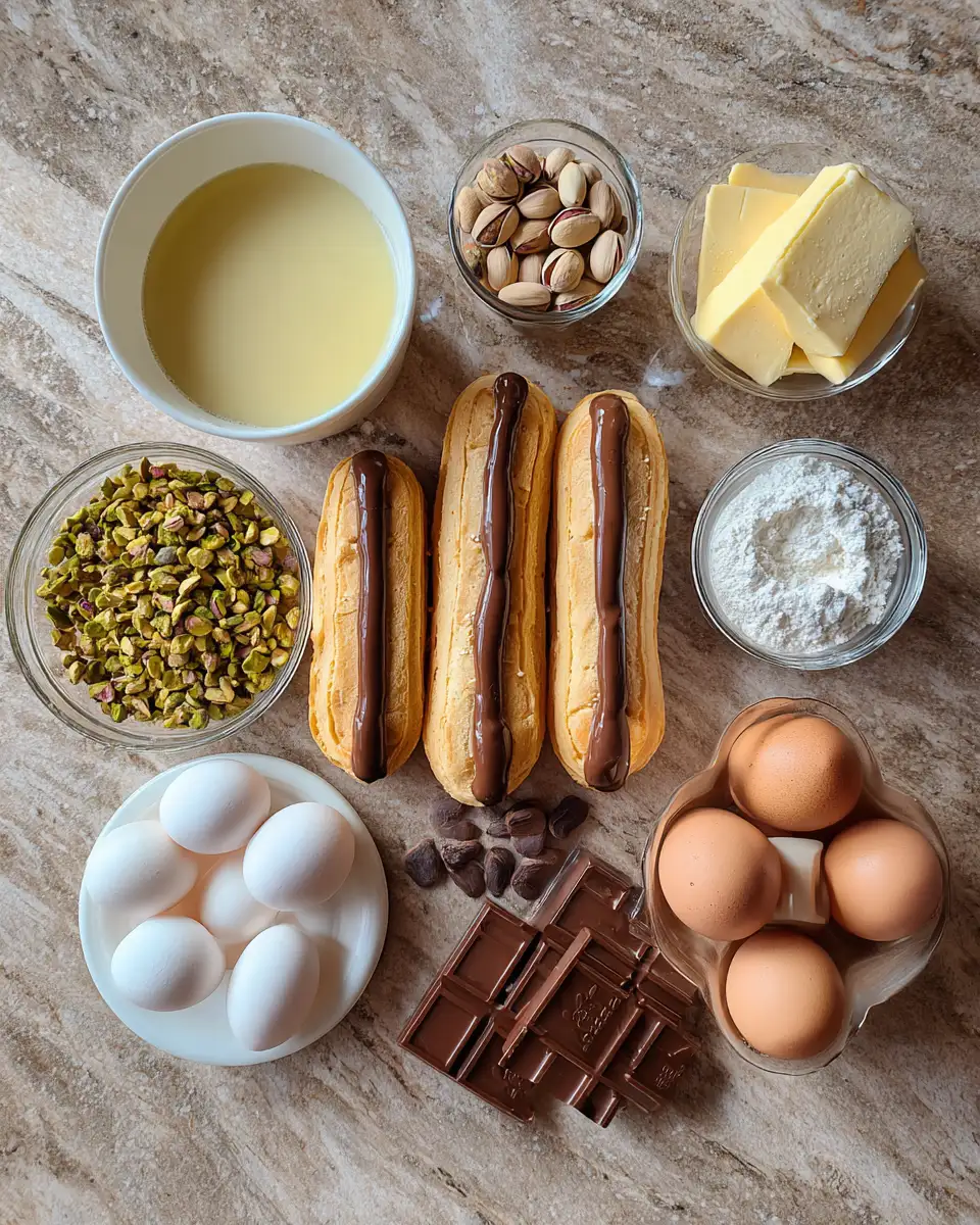 Decadent Delights: Pistachio Éclairs with a Luscious Chocolate Glaze 4 Ingredients for Decadent Delights: Pistachio Éclairs with a Luscious Chocolate Glaze