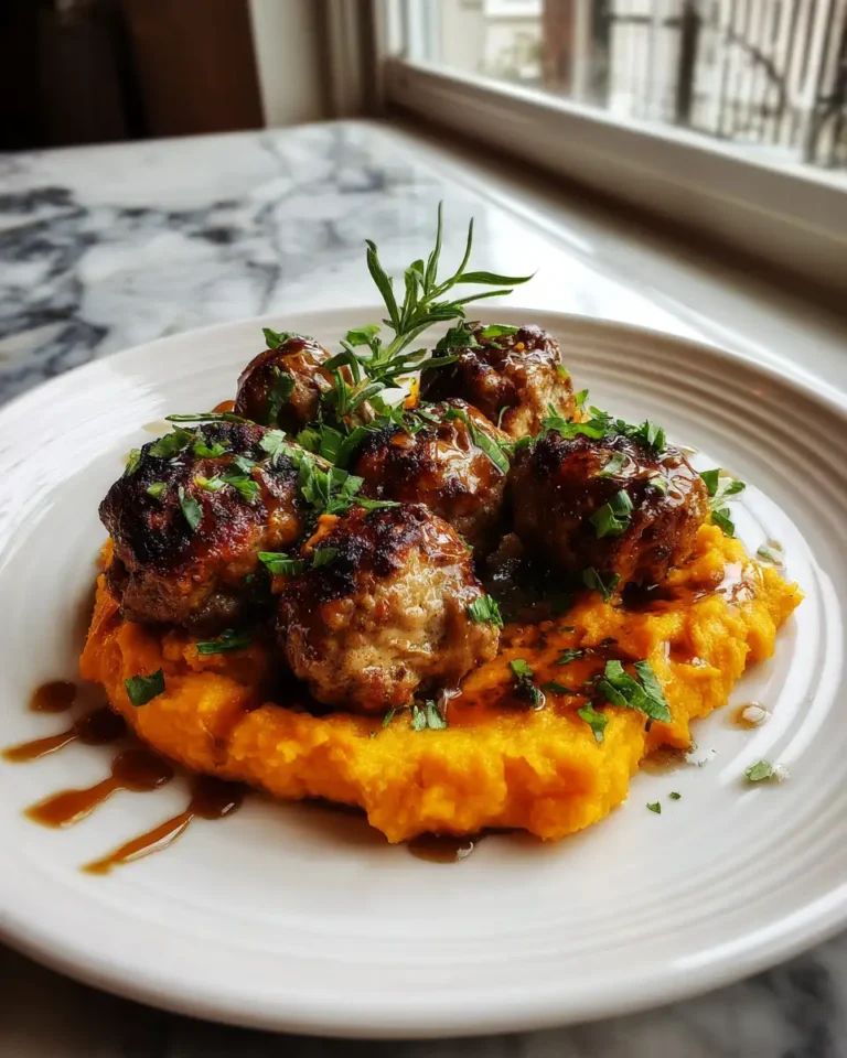 Savory Pork Meatballs and Sweet Potato Mash with Bourbon-Maple Drizzle Delight - Featured Image