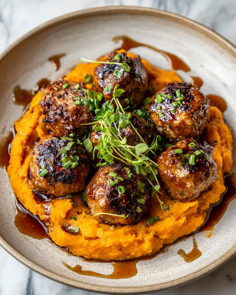 Savory Pork Meatballs and Sweet Potato Mash with Bourbon-Maple Drizzle Delight 6 Final dish - Savory Pork Meatballs and Sweet Potato Mash with Bourbon-Maple Drizzle Delight