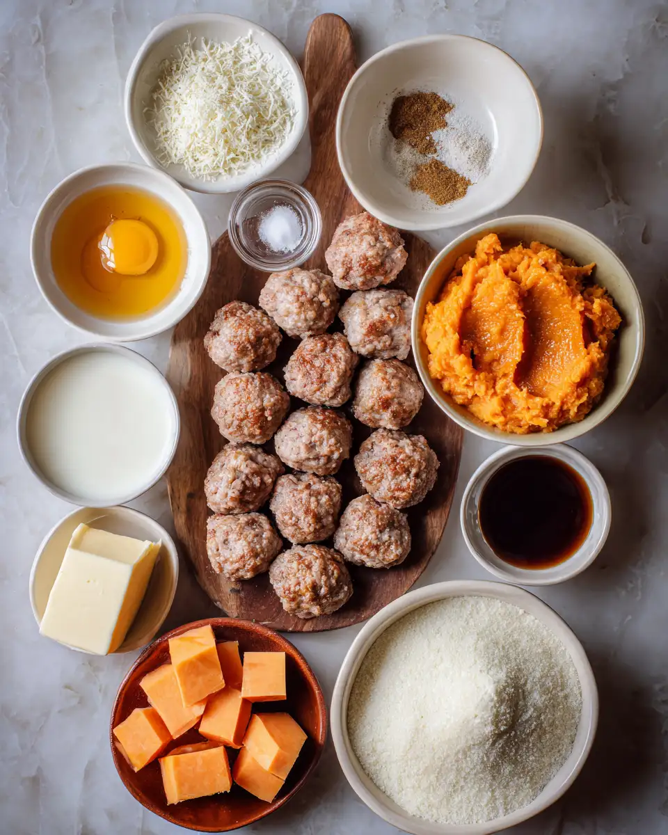 Savory Pork Meatballs and Sweet Potato Mash with Bourbon-Maple Drizzle Delight 4 Ingredients for Savory Pork Meatballs and Sweet Potato Mash with Bourbon-Maple Drizzle Delight