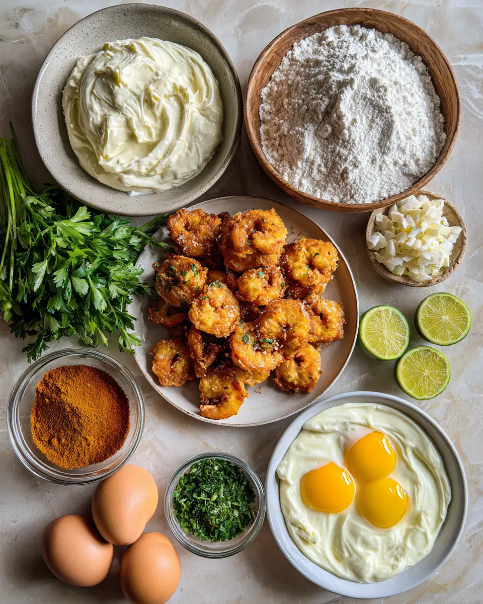 Crispy Shrimp Fritters with Zesty Lime Mayonnaise Delight 4 Ingredients for Crispy Shrimp Fritters with Zesty Lime Mayonnaise Delight