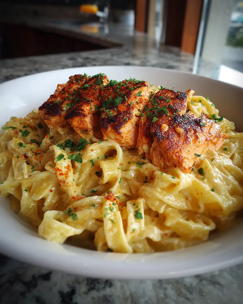 Final dish - Savor the Spice: Creamy Cajun Salmon Pasta Delight