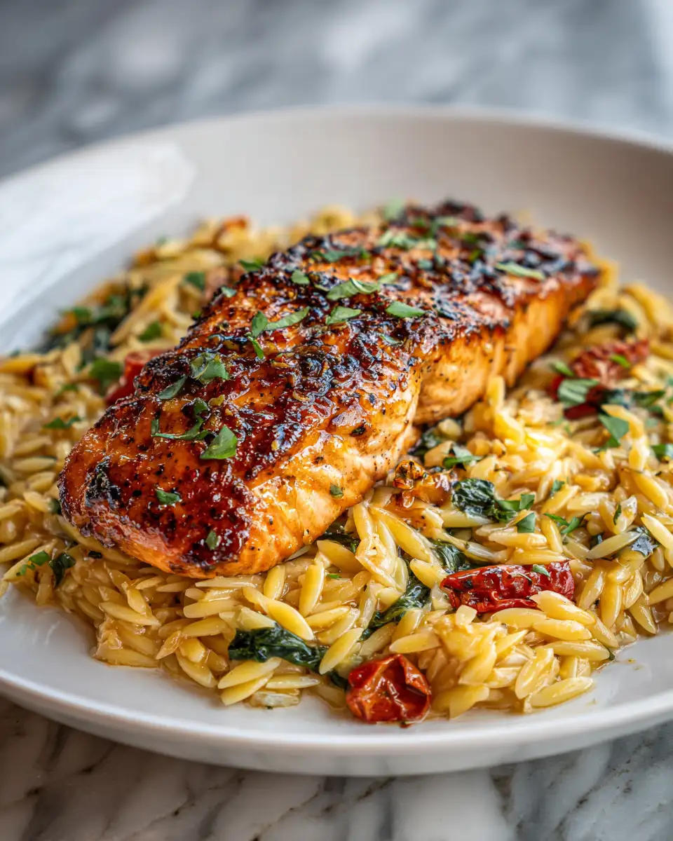 Savor the Flavors: Creamy Tuscan Salmon Orzo Delight 6 Final dish - Savor the Flavors: Creamy Tuscan Salmon Orzo Delight