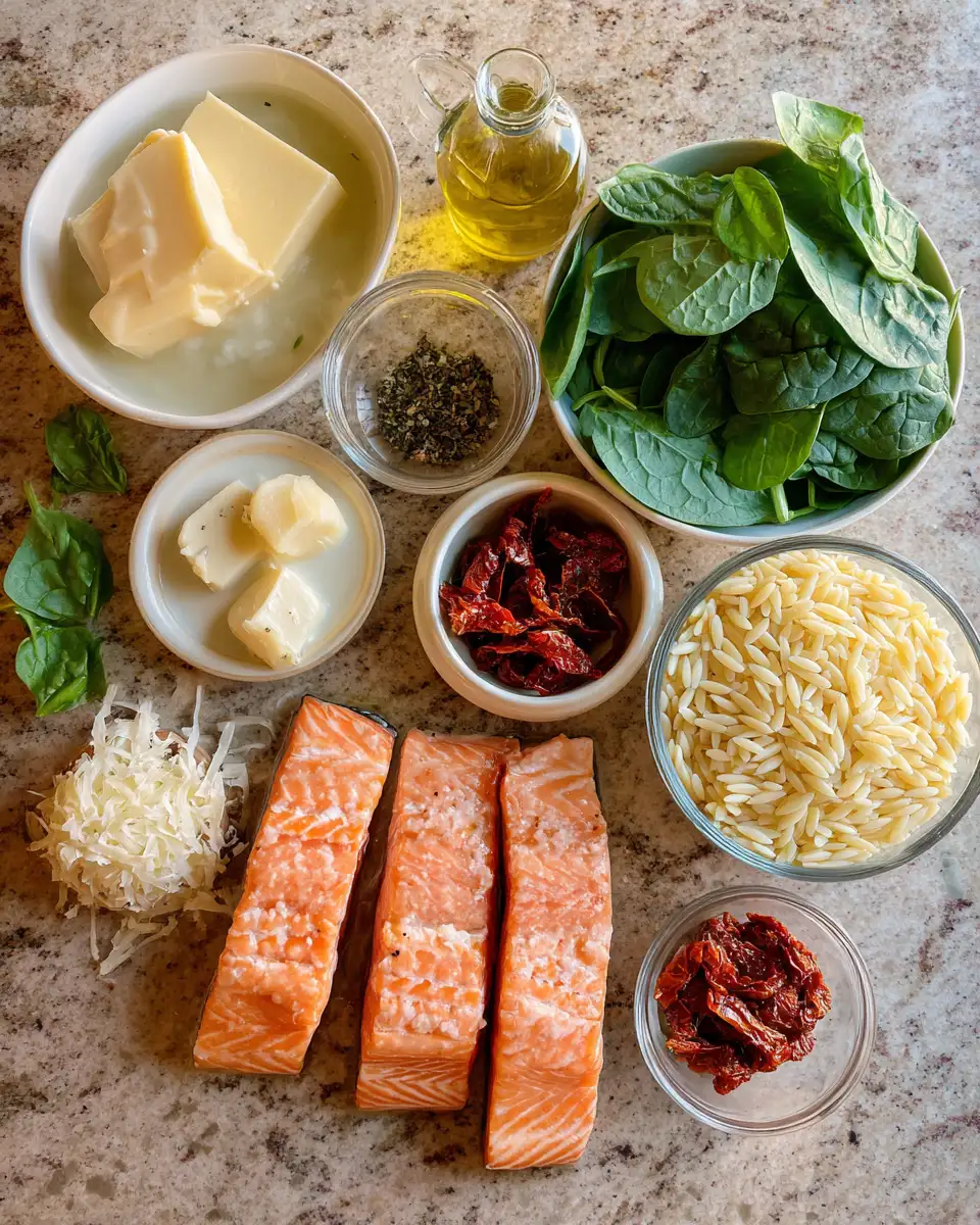 Savor the Flavors: Creamy Tuscan Salmon Orzo Delight 4 Ingredients for Savor the Flavors: Creamy Tuscan Salmon Orzo Delight