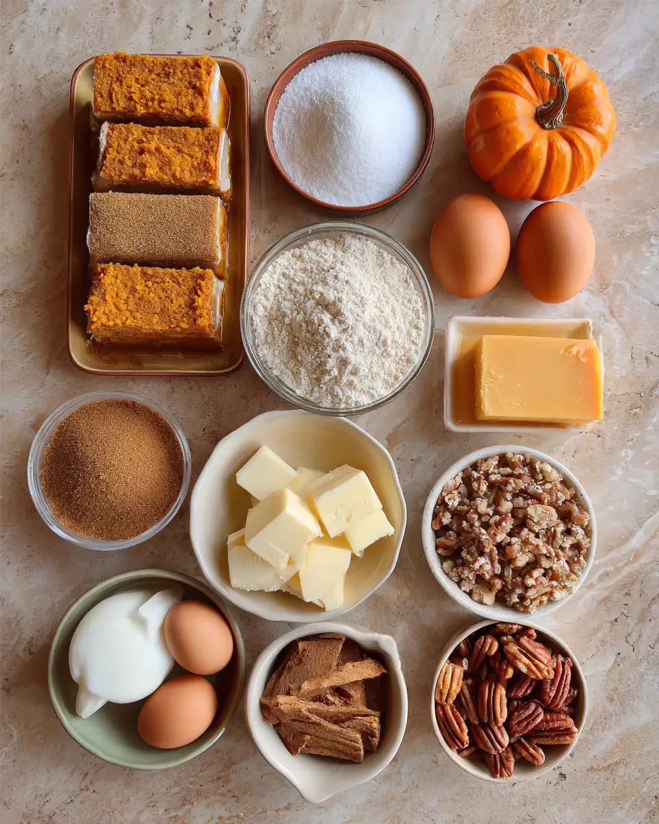 Ingredients for Decadent Delight: Pumpkin Pecan Cheesecake Bars for Fall Indulgence
